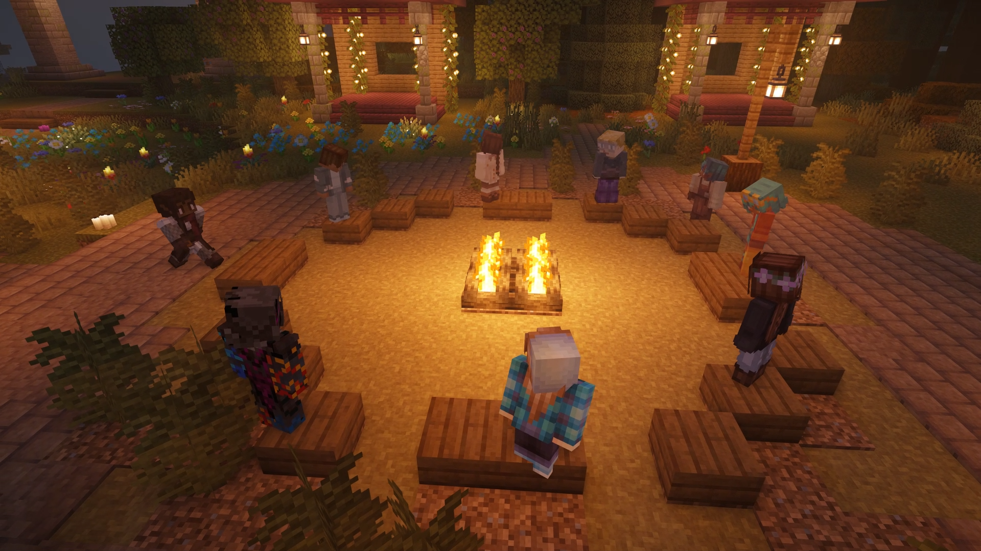 Second Haven players gathering in a welcoming circle around a campfire